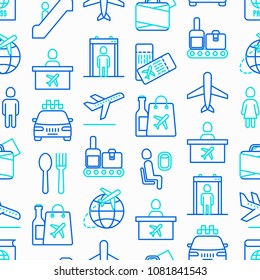 Airport seamless pattern with thin line icons: check-in counter, gates, boarding pass, escalator, toilet, food court, baggage claim, wrapping service, duty free, departures. Vector illustration.