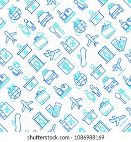 Airport seamless pattern with thin line icons: check-in counter, gates, boarding pass, escalator, toilet, food court, baggage claim, wrapping service, duty free, departures. Vector illustration.