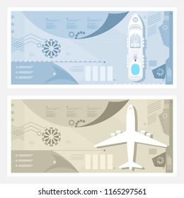 Airport and Seaport Banner, Cruise Ship at Sea, Plane on the Runway, Tourism and Travel Infographic Concept, Vector Illustration