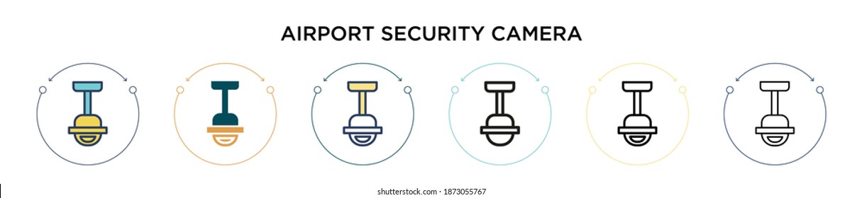 Airport security camera icon in filled, thin line, outline and stroke style. Vector illustration of two colored and black airport security camera vector icons designs can be used for mobile, ui, web