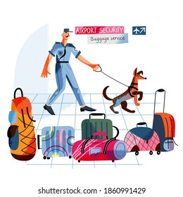 Airport security check of baggage. Male police officer doing travel luggage control with dog at arrival. Airplane guard inspection vector illustration. Bags and suitcases on floor.