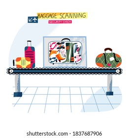 Airport security check, baggage scanning background. Luggage scan on conveyor belt, travel control at arrival or departure. Airplane trip inspection scene vector illustration.