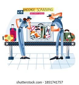 Airport security check, baggage scanning. Male and female police officers doing luggage scan on conveyor belt, travel control at arrival or departure. Airplane guard inspection vector illustration.