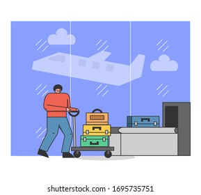 Airport Security Check Concept. Man Carry Luggage In The International Airport For Scan To Baggage Scanner Machine For Presence of Prohibited Items. Cartoon Linear Outline Flat Vector Illustration