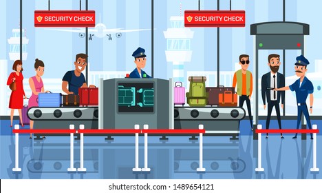 Airport security check flat vector illustration. Passenger with suitcases characters in departure lounge. Tourists with luggage in airport terminal cartoon drawing. Baggage in security x-ray machine