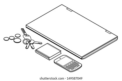 Airport security check items - laptop, coins,keys,wallet, phone.