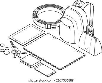 Airport security check: Items subject to screening - belts, handbags, backpacks, laptops, tablets, phones, wallets, keys, coins.