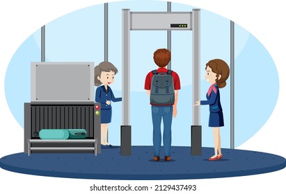 Airport security check with a passenger walking through body scanner illustration
