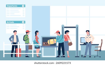 Airport security check. Passengers queue with bags and luggage to x-ray claim. People on checkpoint on railway or bus station terminal, recent vector scene