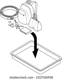 Airport security check: please place handbags, backpacks, belts, wallets, coins, keys into the tray provided.