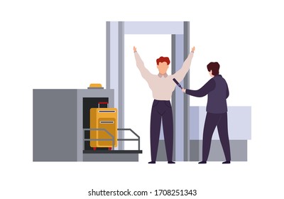 Comprobación de seguridad del aeropuerto. Equipaje y cribado o escaneo de bolsas vectoriales de control de viaje caricaturas vectoriales