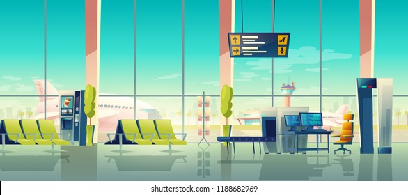 Airport security check vector illustration of terminal with passenger and baggage X-ray scanner checkpoint. Cartoon interior of waiting hall seats with view to airfield. Comfort and safety concept