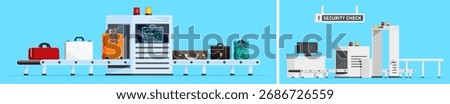 Airport security check with X-ray scanner and baggage conveyor belt. Travel safety control. Flat vector illustration for infographic.