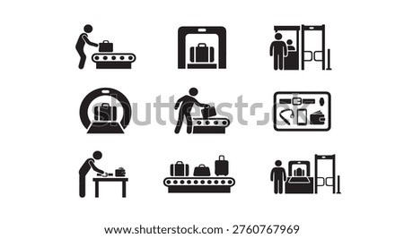 Airport security checkpoint baggage icons with conveyor belt with x ray