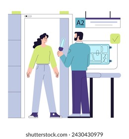 Airport security checkpoint. Characters with a suitcase in the security gates. Passenger undergoing a screening scan before boarding on a flight. Safe travel protocols. Flat vector illustration.