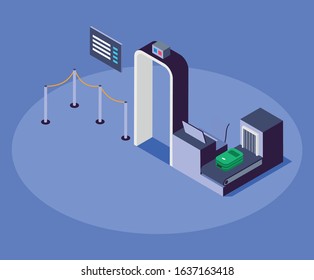 Airport Security Checkpoint Isometric Color Vector Illustration. Airline Company Safety Measure 3d Concept Isolated On Blue Background. Metal Detector Gate And Passengers Luggage Scanner