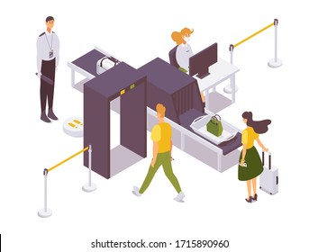 Airport security checkpoint isometric with guards and passengers. Bags and baggage inspection conveyor