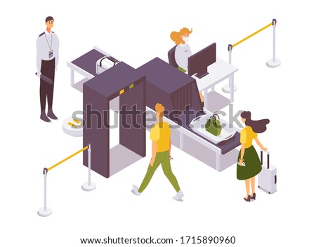 Airport security checkpoint isometric with guards and passengers. Bags and baggage inspection conveyor