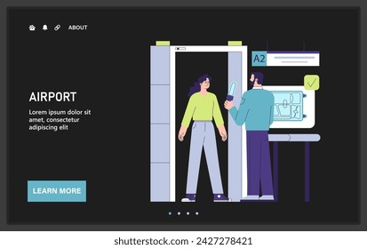 Airport security checkpoint web or landing. Characters with a suitcase in the security gates. Passenger undergoing a screening scan before boarding on a flight. Safe travel. Flat vector illustration.