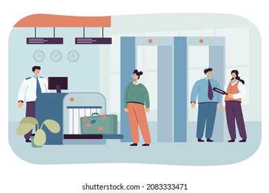 Airport security conducting check of passengers and luggage. Cartoon male and female characters walking through metal detector at gate flat vector illustration. Safe flight, security check concept