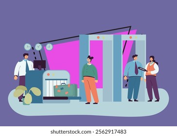 Airport security conducting check of passengers and luggage. Cartoon male and female characters walking through metal detector at gate flat vector illustration. Safe flight, security check concept