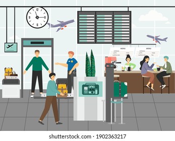 Airport Security Control And Customs Concept Vector Illustration. Security Staff Check Passengres And X-ray Luggage. People Travel By Flight. Airport Safety Checkpoint