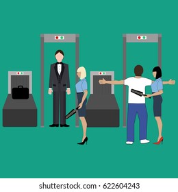 Airport security control illustration on the green background. Vector illustration