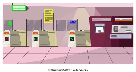Airport security gates vector illustration. Modern terminal and direction signboard in airport room. Permit system concept