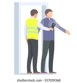 Airport security guard checking passenger with metal detector and scanner. Vector illustration