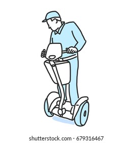 Airport security guard is riding hoverboard.  - hand drawn. line drawing. vector illustration. Cartoon.