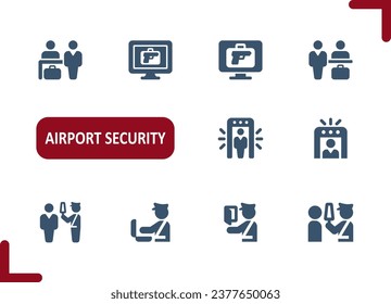 Airport Security Icons. Checkpoint, Security Guard, Check-in Counter, Metal Detector Icon. Professional, pixel perfect vector icon set.