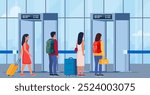 Airport security metal detectors in airport lounge. Passengers passing through scanner checkpoint gate at airport. Full body scanners. Security check gates. Airport security service. Vector