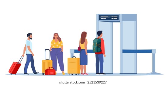 Detectores de metales de seguridad del aeropuerto en la sala del aeropuerto. Pasajeros que pasan por la puerta del punto de control del escáner en el aeropuerto. Escáneres de cuerpo completo. Puertas de control de seguridad. Servicio de seguridad del aeropuerto. Vector