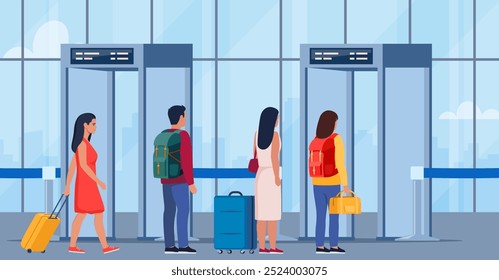 Airport security metal detectors in airport lounge. Passengers passing through scanner checkpoint gate at airport. Full body scanners. Security check gates. Airport security service. Vector