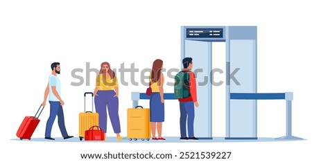 Airport security metal detectors in airport lounge. Passengers passing through scanner checkpoint gate at airport. Full body scanners. Security check gates. Airport security service. Vector