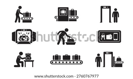 Airport security scanner and baggage handling icons with conveyor belt