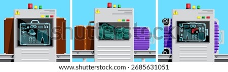 Airport security scanner checking luggage with clothes and prohibited items. X ray machine scanning suitcase for travel safety and border control.