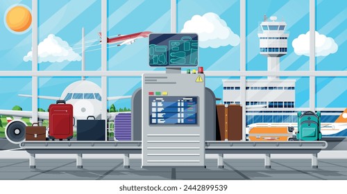 Airport Security Scanner Icon. Conveyor Belt With Passenger Luggage. Baggage Carousel Scan In Airport Interior. Package X-ray Baggage. Security, Logistic And Delivery. Cartoon Flat Vector Illustration