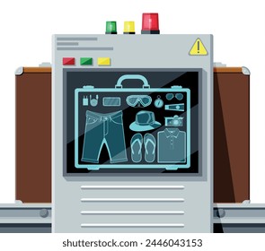 Airport Security Scanner Icon. Conveyor Belt With Passenger Luggage. Baggage Carousel Scan Isolated On White. Package X-ray Baggage. Security, Logistic And Delivery. Cartoon Flat Vector Illustration