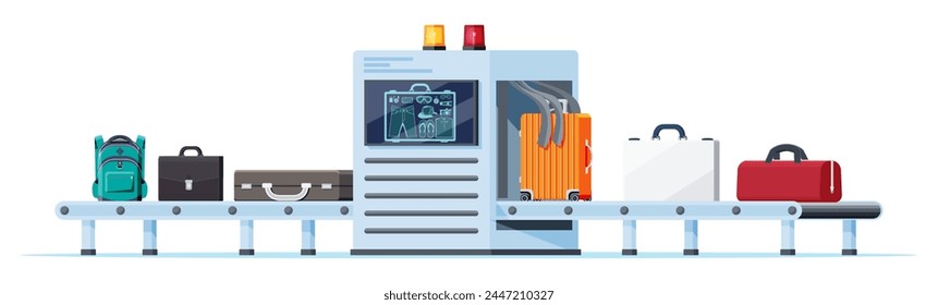 Airport Security Scanner Icon. Conveyor Belt With Passenger Luggage. Baggage Carousel Scan Isolated On White. Package X-ray Baggage. Security, Logistic And Delivery. Cartoon Flat Vector Illustration