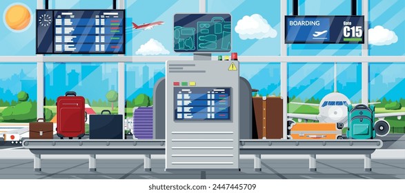 Airport Security Scanner Icon. Conveyor Belt With Passenger Luggage. Baggage Carousel Scan In Airport Interior. Package X-ray Baggage. Security, Logistic And Delivery. Cartoon Flat Vector Illustration