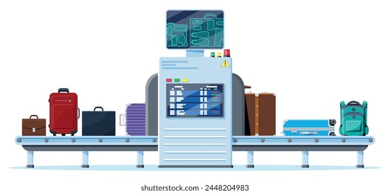 Airport Security Scanner Icon. Conveyor Belt With Passenger Luggage. Baggage Carousel Scan Isolated On White. Package X-ray Baggage. Security, Logistic And Delivery. Cartoon Flat Vector Illustration