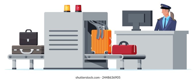 Airport Security Scanner Icon. Conveyor Belt With Passenger Luggage. Baggage Carousel Scan Isolated On White. Package X-ray Baggage. Security, Logistic And Delivery. Cartoon Flat Vector Illustration