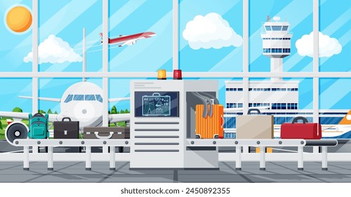 Airport Security Scanner Icon. Conveyor Belt With Passenger Luggage. Baggage Carousel Scan In Airport Interior. Package X-ray Baggage. Security, Logistic And Delivery. Cartoon Flat Vector Illustration