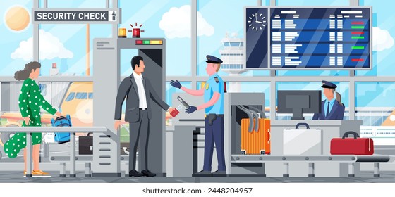 Airport Security Scanner Interior. Conveyor Belt with Passenger Luggage. Baggage Carousel Scan with People. Package X-ray Baggage. Security, Logistic and Delivery. Cartoon Flat Vector Illustration