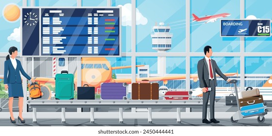 Airport Security Scanner Interior. Conveyor Belt with Passenger Luggage. Baggage Carousel Scan with People. Package X-ray Baggage. Security, Logistic and Delivery. Cartoon Flat Vector Illustration