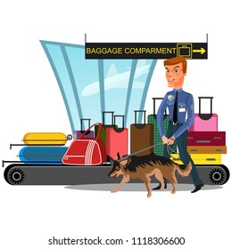 Airport Security Service Checks Arrived Baggage For Presence Of Prohibited Substances, Guard Man With Dog Looking For Drugs Or Explosives In Luggage Vector Illustration, Safety Flights Concept