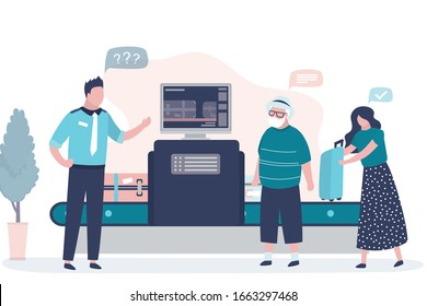 Airport security. X-ray luggage scanner. Checking baggage inside airport. Public transport safety concept. Staff and various passengers. Trendy style vector illustration