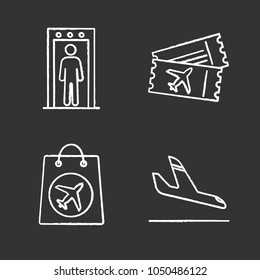 Airport service chalk icons set. Portal metal detector, flight tickets, duty free purchase, airplane arrival. Isolated vector chalkboard illustrations