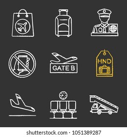 Airport service chalk icons set. Airplane arrival, baggage, pass control, duty free, airport gate, luggage tag, waiting hall, phone prohibition, stair truck. Isolated vector chalkboard illustrations